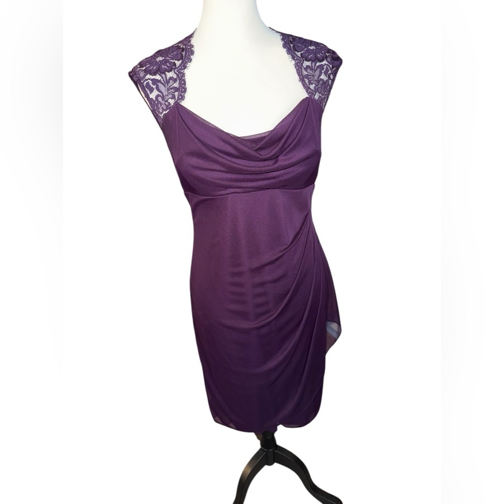 Xscape Ruched Dress Purple Size 10 lace cap sleeve fully lined drape chest - Picture 3 of 12